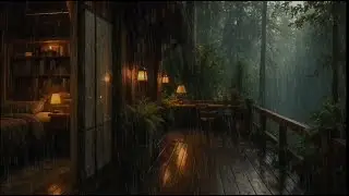 Heavy Rain on a Cozy Cabin Deck | Forest Night Sounds for Sleep