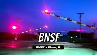 Railfanning at Night in Plano, Illinois:  BNSF Freight Train with DPU going West at a Rural Crossing