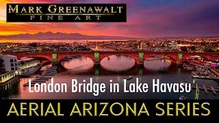 London Bridge in Lake Havasu - Drone footage with holiday illumination and colorful sunset.