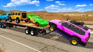 Flatbed Truck Mcqueen  Transportation with Truck   Pothole vs Car #019   BeamNG Drive