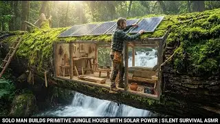 Solo Man Builds Primitive Jungle House with Solar Power | Silent Survival ASMR