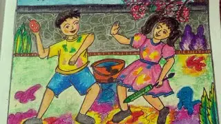 Holi Festival Drawing with oil pastels