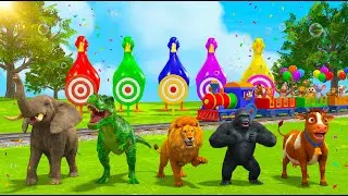 Long Slide Game With Lion Elephant Gorilla Cow Dinosaur - 3D Animal Game - Funny 3D Animals