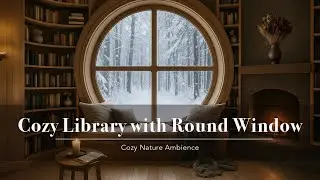 Cozy Library with Round Window 📚 | Fireplace Crackling, Snowfall & Candlelight Ambience
