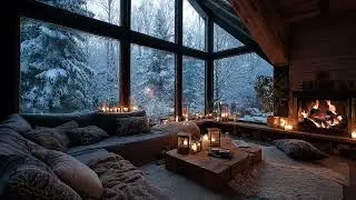 Peaceful Winter Night with Snow Wind Outside and Gentle Fireplace Sounds Indoors