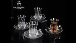 Arabic style clear engraved glass tea cup with saucer 85ml glass teacup set for Middle East markets