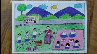 How to draw a school picnic || school picnic drawing for kids