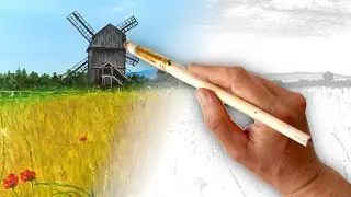 Процесс рисование пейзажа.  Painting landscape. Painting process.