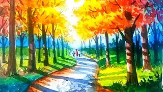 Paint An Amazing Autumn Forest with Passing Road : Easy Watercolor for Beginners