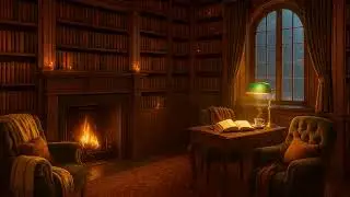 Cozy Library Fireplace Ambience (No Music) &mdash; Crackling Fire & Gentle Winter Wind | 3 Hours,