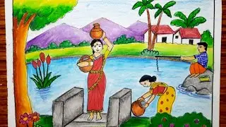 Village people lifestyle scenery drawing easy  |village woman taking water from pond drawing