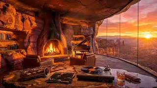 Secret Canyon Sanctuary 🎷 Cozy Jazz | Desert Sunset & Warm Fireplace Ambience | 1 Hour [4K]