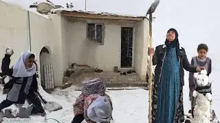 Building of Hope: amazing design magical cave of grandmother and orphans in winter snow blizzard
