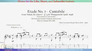 (J.K. Mertz) Lessons Guitar - Etude No. 7 - Cantabile, for Classical Guitar with TAB