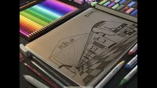 How to draw perspective drawing? Cologne train station drawing step by step. HD - Voice Narration.