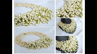 White Pearl Wedding Statement Beaded Necklace with Floweres,