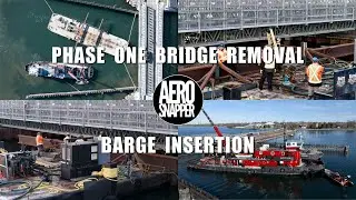 Readying a lifting barge to remove a temporary bridge - La Salle Causeway in Kingston, Ontario   4K