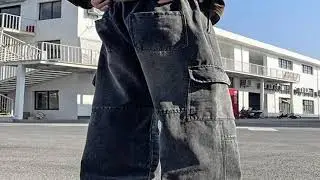 2025 new men's cement grey work jeans Y2K street hip-hop large pocket wide-leg straight jeans trouse