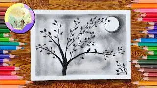 Drawing of nature // Bird sitting on branch drawing // Sketch of nature // Pencil drawing easy