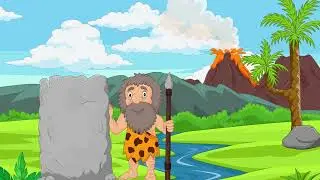 2D animated ancient background with prehistoric people Looped animated stock footage  video full hd
