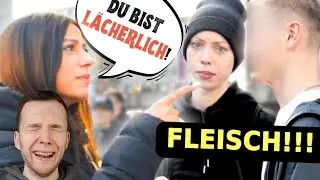 DIE MILITANTE VEGANERIN konfrontiert Fleischesser auf der Stra&szlig;e