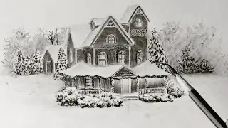 Winter season home landscape drawing by pencil easy ways // Christmas season snowfall drawing //