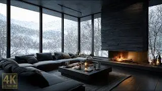 Modern Winter Home with Jazz Blues | Relaxing Fireplace & Snow View 4K