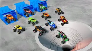 Monster Trucks vs Giant Hole | Grave Digger vs Megalodon | BeamNG Monster Truck Crashes