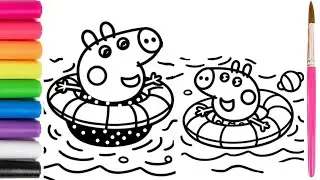 Peppa pig and George pool party drawing colouring painting video for kids | Drawings