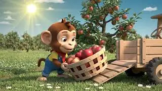 The little monkey  drives a tractor to the farm, picking apples and oranges