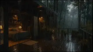 Heavy Rain on a Cozy Cabin Deck | Forest Night Sounds for Sleep