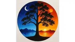 Day and Night Tree Painting | Beautiful Sunset and Moon Landscape Art