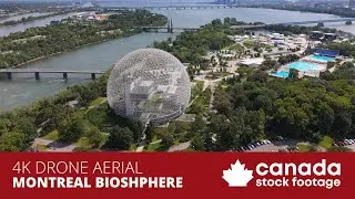 4K Royalty Free. Rising drone aerial over Biosphere and St Helens island stock video. Montreal.