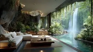 Modern Cave Waterfall Lounge | Forest Birdsong for Deep Focus & Calm Study  💧🕊️