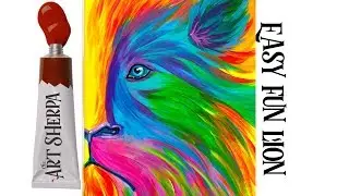 Easy Painting in acrylic of a Colorful Lion using 5 primary colors Holbein acrylic set
