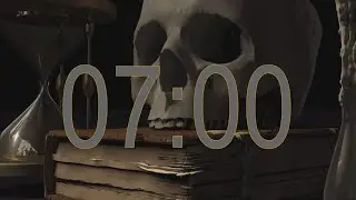 7 minute timer animation  Horror background with skull, magnifying glass and book
