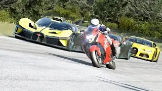 Suzuki Hayabusa vs Bugatti Bolide vs Bugatti Chiron SS 300+ at Old SPA