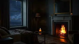 Cozy bedroom with crackling fireplace and candle lit | rain falling against  window for a goodnight