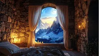 Winter Mountains from a Medieval Castle ❄️ | Snowy Peaks & Falling Snow (Ambient Scene)