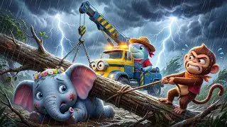 😱 Baby Elephant Trapped Under a Falling Tree! Shark & Monkey Rush to Save It 🦈🐵