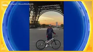 Cyclist bikes up Eiffel Tower