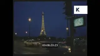 1980s Paris at Night, Eiffel Tower, Traffic, HD from 35mm