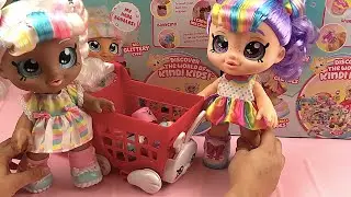 Kindi Kids Marsha mellow and Rainbow kate Dolls going shopping in Kindi Kids shopping cart.