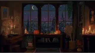 Spooky Room Window View| Pixel Art 8 Bits| Halloween Peaceful Night Ambience| Study and Sleep
