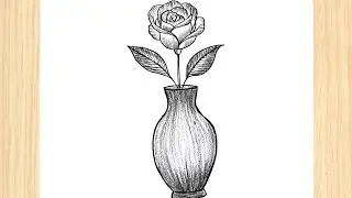 Easy and Simple Flower Pot Drawing | Flower Vase Drawing | How To Draw A Rose in A Vase