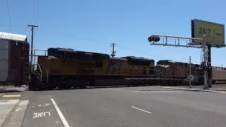 UP 8789 Manifest With Mid DPU's South Stops And Goes, 14th Ave. Railroad Crossing, Sacramento CA