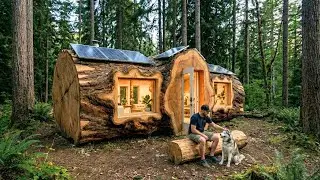 How I Built a Solar-Powered Log Cabin Tiny House in the Forest | Realistic DIY Build 🌲🏠🐺