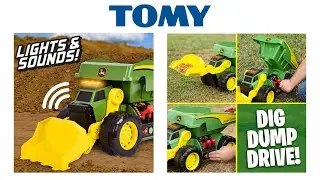 John Deere 46cm 2 in 1 Dig & Dump Rig Toy Dump Truck and Front Loader with Lights, Sounds and Motor
