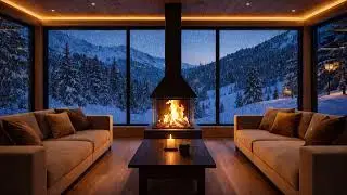 Cozy Cabin Jazz Night 🔥 Fireplace Crackling + Snowfall Window Ambience