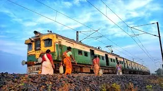 Oldest model Green & Yellow colored EMU local train on a huge curve!